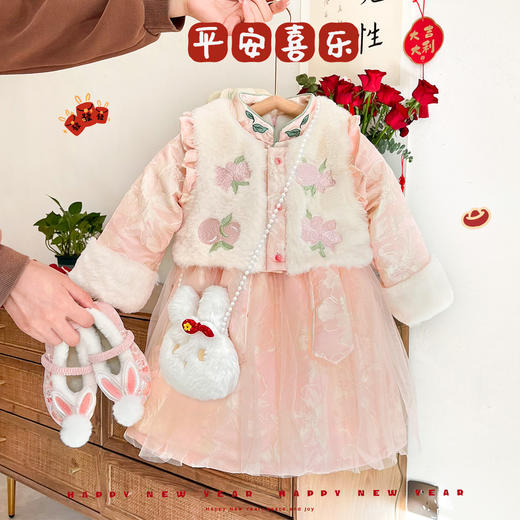 【中国风洋气套装，精致而美观】女宝宝秋冬装连衣裙 新生儿毛毛刺绣马甲两件套，柔软舒适的面料 穿脱便利 商品图0
