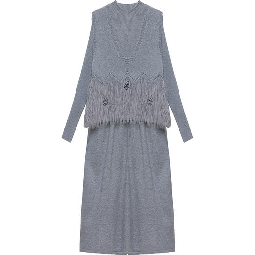 秋冬款两件套针织连衣裙，中长款纯色毛线裙仿貂绒厚款马甲套装QYM-LRX-AS6817-Y 商品图4