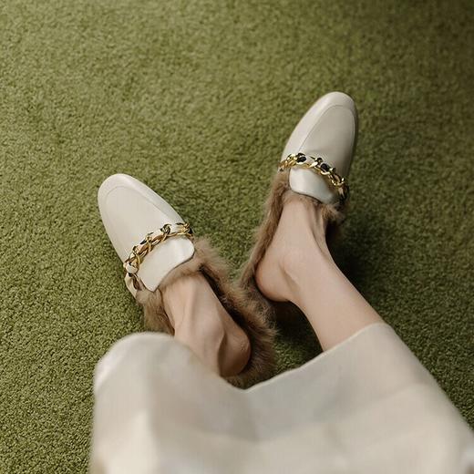 包头半拖鞋女士穆勒鞋，牛皮圆头丝巾装饰平底兔毛保暖拖鞋MCC-C8691 商品图2