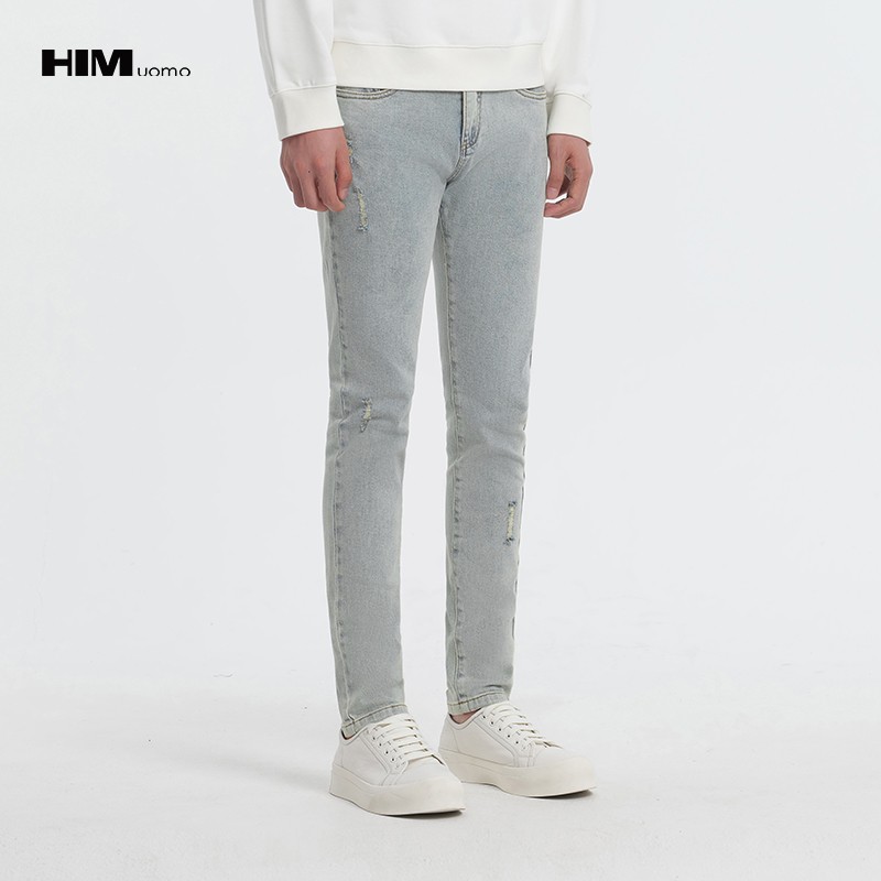 HIM漢崇 修身弹力锥形小脚牛仔裤男 复古淡蓝色破洞做旧 2025秋季