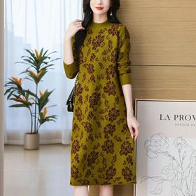 冬季新款，时尚洋气半高领中长款提花女针织连衣裙过膝毛衣裙CC-103-2761