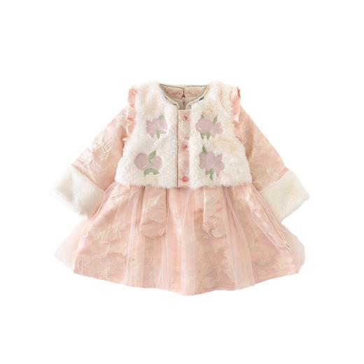 【中国风洋气套装，精致而美观】女宝宝秋冬装连衣裙 新生儿毛毛刺绣马甲两件套，柔软舒适的面料 穿脱便利 商品图4