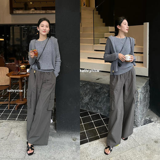 HIDEMI 工装设计感大口袋抽绳腰带式中低腰阔腿裤 黑色/灰色 商品图1