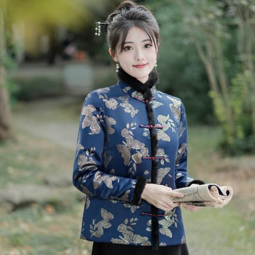 YSF2228 2023冬新款中式复古毛领高档提花夹棉唐装上衣小棉袄国风短款棉衣 商品图3