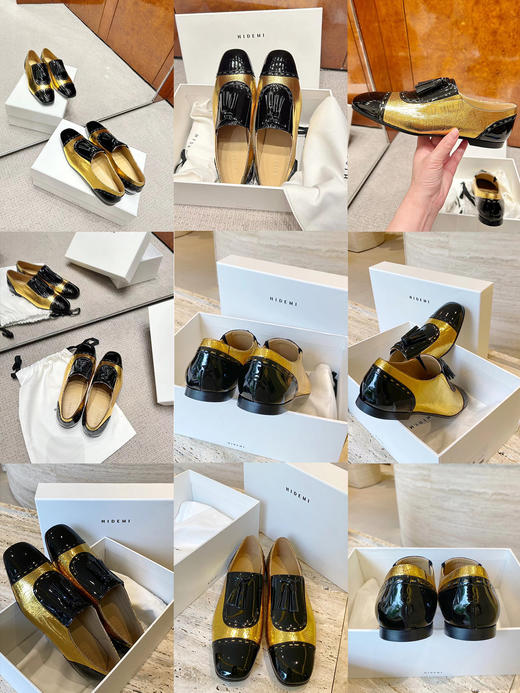 HIDEMI 【当当同款】复古拼接拼皮小牛皮流苏平底鞋 黑白/黑金/银色/白色/棕白 商品图1