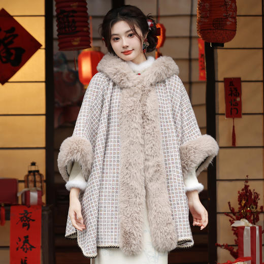 冬款古风披肩，大毛领格纹加厚保暖水貂绒斗篷外搭MLS-127 商品图3