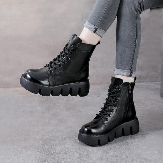 YR 1360头层牛皮厚底马丁靴英伦真皮高跟加棉短靴 商品图1