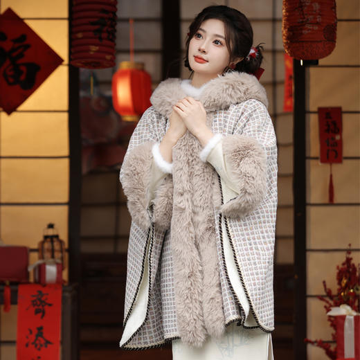 冬款古风披肩，大毛领格纹加厚保暖水貂绒斗篷外搭MLS-127 商品图2