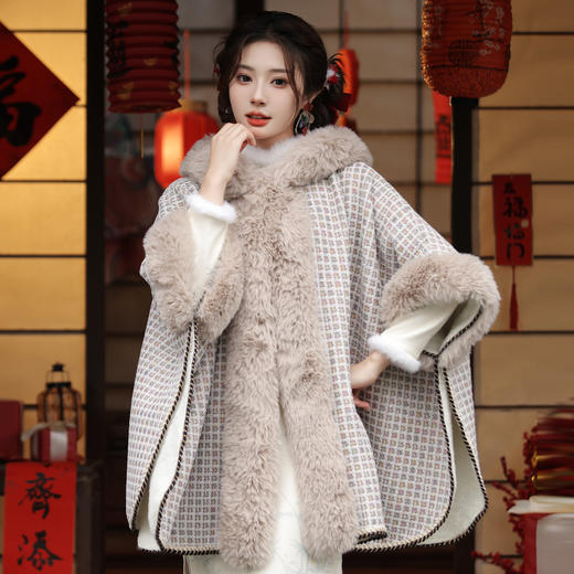 冬款古风披肩，大毛领格纹加厚保暖水貂绒斗篷外搭MLS-127 商品图1