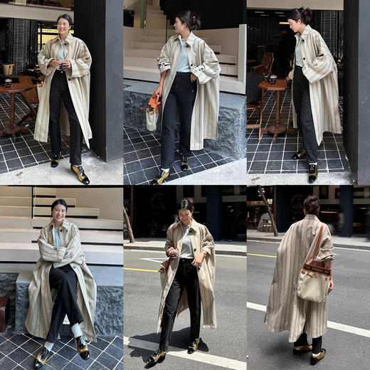 HIDEMI 极简廓形伞状色织条纹艺术感长款风衣 商品图1