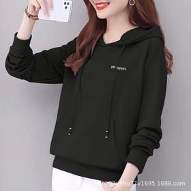边帽卫衣97%棉女春秋装外套休闲时尚宽松上衣字母印花运动衣显瘦