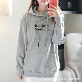 纯棉边帽卫衣女式春秋装休闲时尚外套宽松上衣字母印花运动衣显瘦