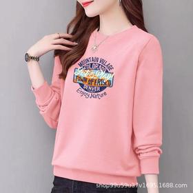 圆领97%棉卫衣女式休闲时尚宽松外套上衣字母印花运动衣显瘦