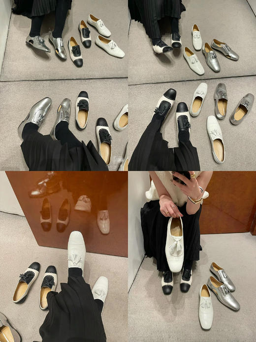 HIDEMI 【当当同款】复古拼接拼皮小牛皮流苏平底鞋 黑白/黑金/银色/白色/棕白 商品图2