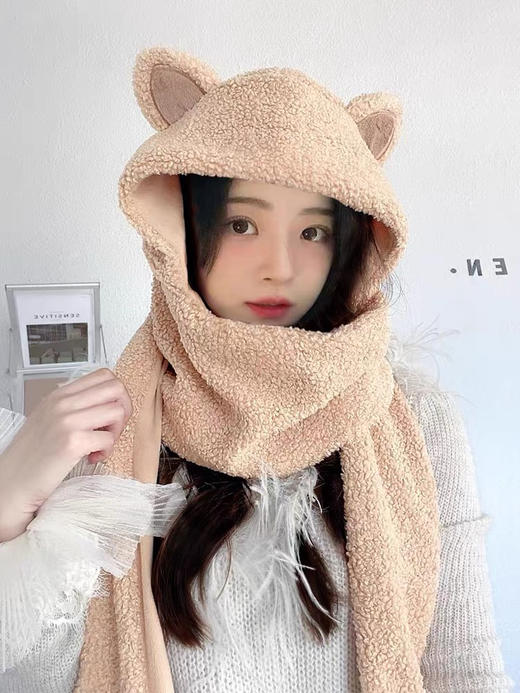 赵露思同款！蕉下熊抱围巾一体护耳帽子女秋可爱冬毛绒围巾连帽 商品图1