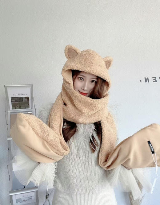 赵露思同款！蕉下熊抱围巾一体护耳帽子女秋可爱冬毛绒围巾连帽 商品图2