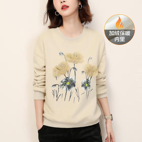 复古文艺印花圆领长袖加绒卫衣，女冬装新款休闲百搭套头上衣GYM-D0469