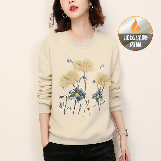 复古文艺印花圆领长袖加绒卫衣，女冬装新款休闲百搭套头上衣GYM-D0469 商品图0