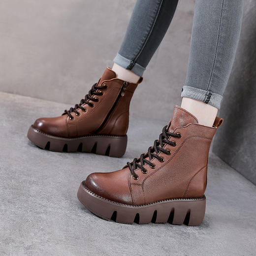 YR 1360头层牛皮厚底马丁靴英伦真皮高跟加棉短靴 商品图0