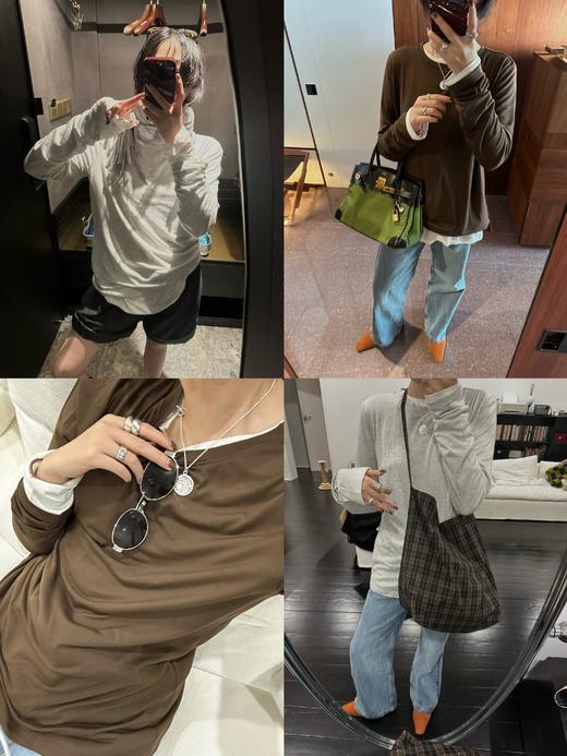 HIDEMI 叠穿神器 极简圆领超软糯宽松廓形长袖亲肤长袖T恤  巧克力色/浅灰色/黑色/白色 商品图3