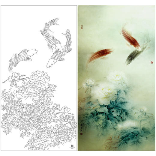 【大彩图】龚雪青工笔画白描底稿《三仙戏瑶池》牡丹鲤鱼临摹勾线花鸟线稿XQ58 商品图0