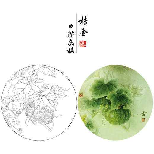 【大彩图】龚雪青工笔画白描底稿圆形小品《南瓜》临摹勾线花鸟线稿XQ05 商品图0