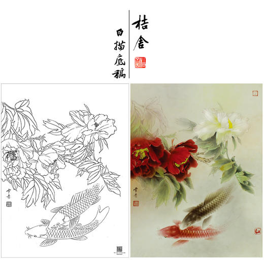 【大彩图】龚雪青工笔画白描底稿《牡丹鲤鱼》临摹勾线花鸟线稿XQ52 商品图0