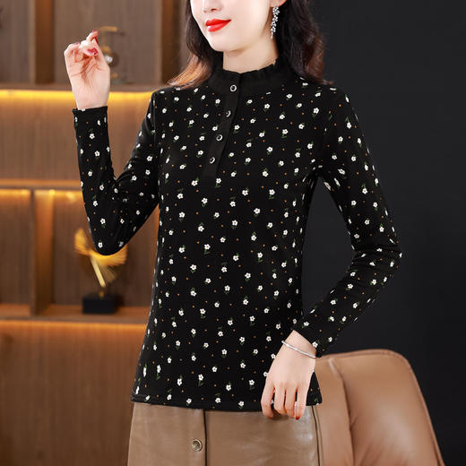 网纱印花长袖打底衫，加绒加厚洋气内搭T恤修身上衣KQL-765G960 商品图2