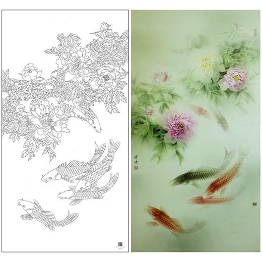 【大彩图】龚雪青工笔画白描底稿《牡丹鲤鱼》临摹勾线花鸟线稿XQ60 商品图0