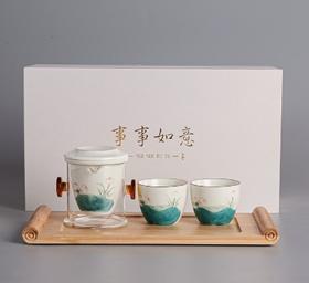 手绘青连红茶泡+二杯+盘+礼盒