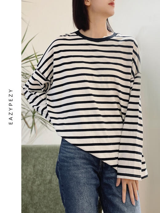 EAZYPEZY 2023AW 长绒棉条纹宽松长袖T恤 商品图1
