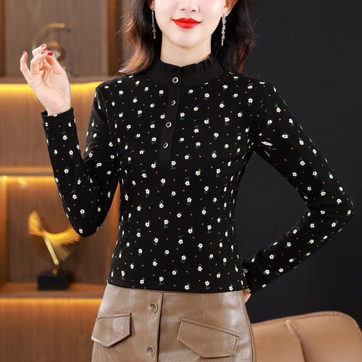 网纱印花长袖打底衫，加绒加厚洋气内搭T恤修身上衣KQL-765G960 商品图1