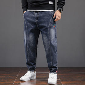 【新款DB】大依优型大码男装松紧腰弹力牛仔裤束口棉质加肥加大号肥佬宽松舒适大号休闲长裤水洗