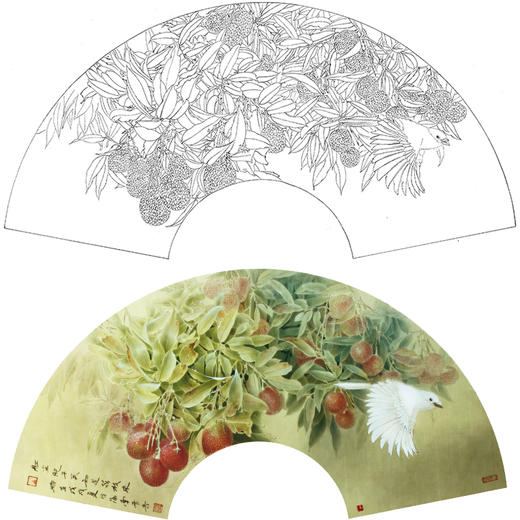 【大彩图】龚雪青工笔画白描底稿扇面小品《来禽图》荔枝临摹勾线花鸟线稿XQ21 商品图0
