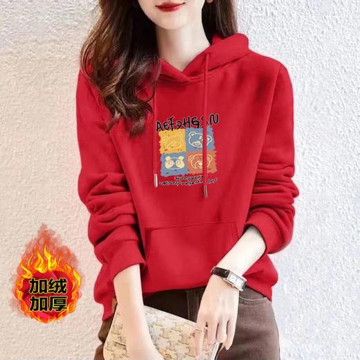 加绒卫衣连帽棉质正肩运动宽松休闲时尚印花多色上衣女潮秋冬外套 商品图1