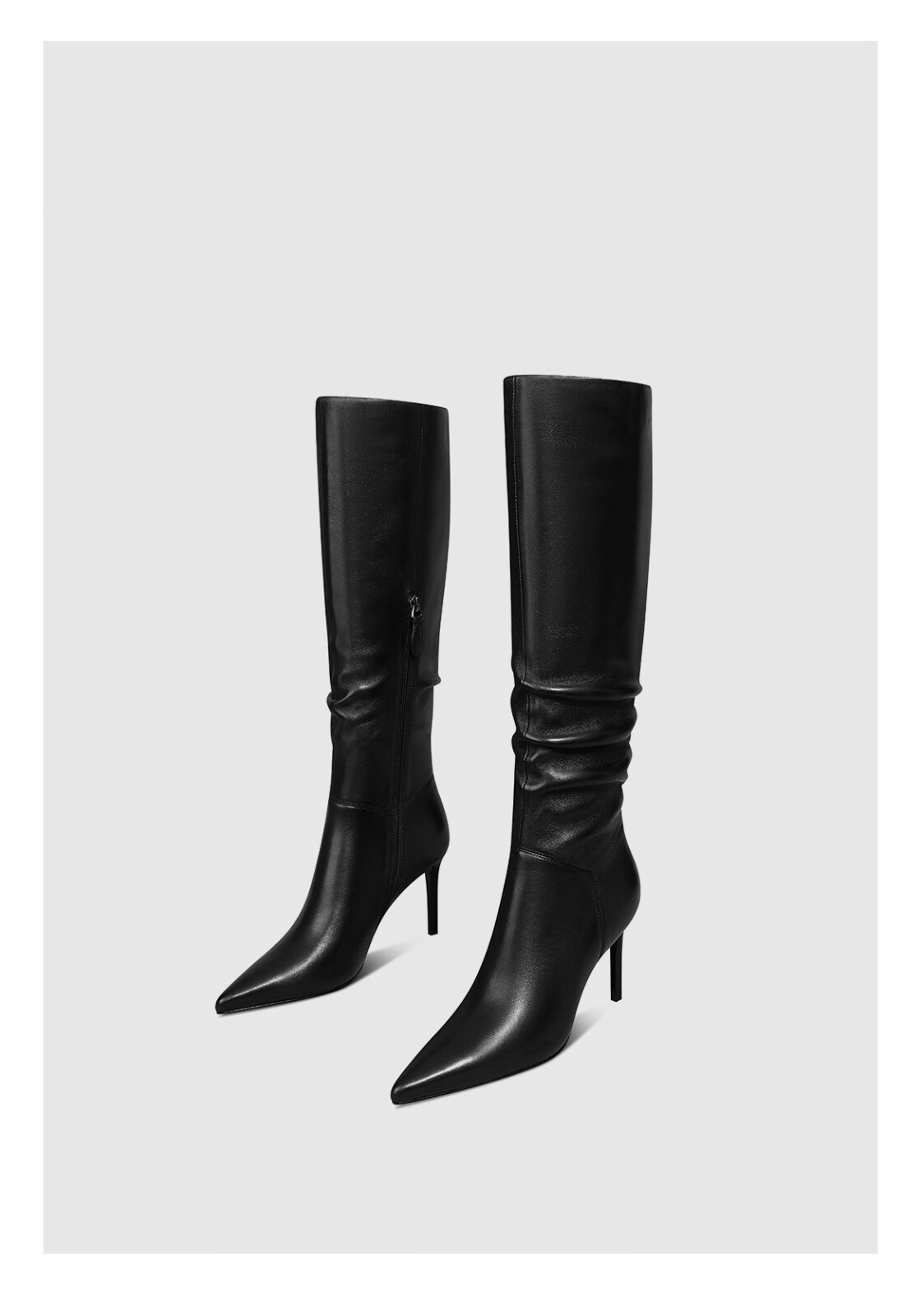 silver黑色高跟长靴女冬季新款真皮不过膝尖头细跟褶皱时装长筒靴子