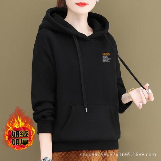 加绒卫衣连帽棉质正肩运动宽松休闲时尚印花秋冬外套多色女潮上衣 商品图0