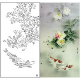 【大彩图】龚雪青工笔画白描底稿《荣华富贵》芙蓉鱼临摹勾线花鸟线稿XQ61