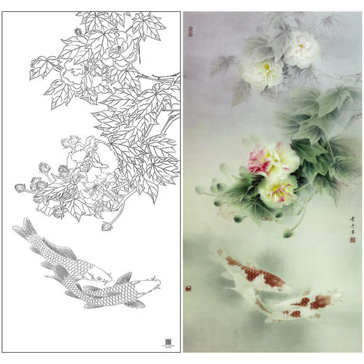 【大彩图】龚雪青工笔画白描底稿《荣华富贵》芙蓉鱼临摹勾线花鸟线稿XQ61 商品图0