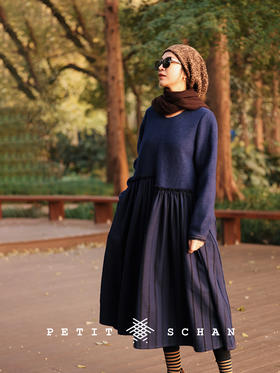 蓝色浪漫 澳洲羊毛混纺不规则设计感连衣裙