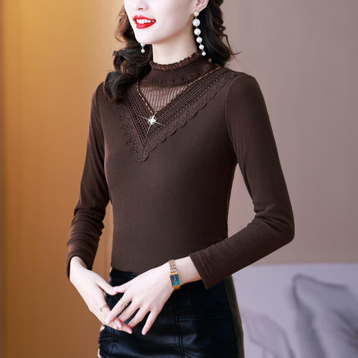 时尚网纱钉珠花边，加绒加厚保暖T恤上衣KQL-E249N9862 商品图1