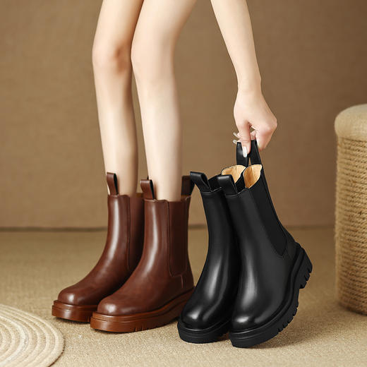 舒适保暖，纯色真皮羊羔毛里厚底短靴MSF-M7551-2 商品图0