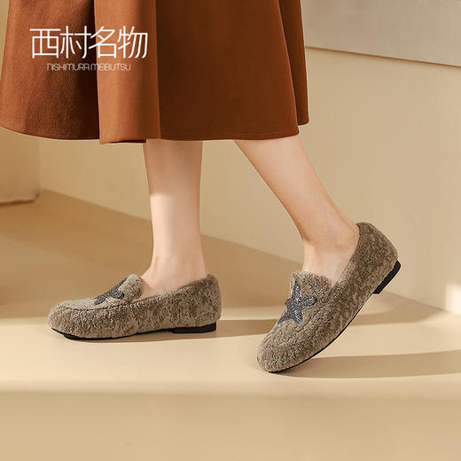 西村名物2023秋冬新款浅口平底休闲豆豆鞋女丑萌暖暖毛毛鞋X23DM45041 商品图0