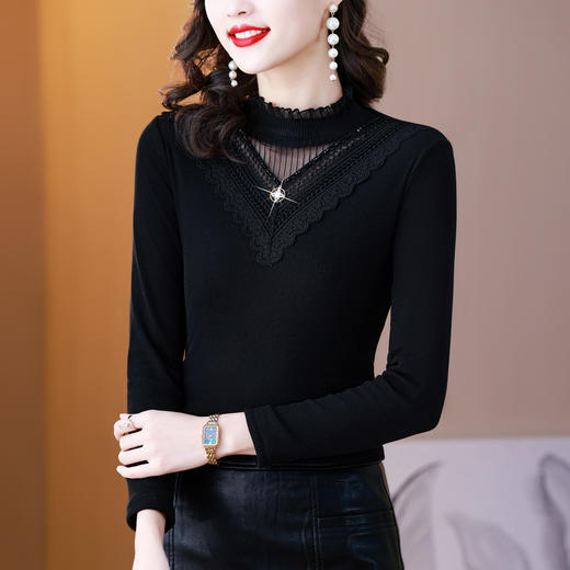 时尚网纱钉珠花边，加绒加厚保暖T恤上衣KQL-E249N9862 商品图2