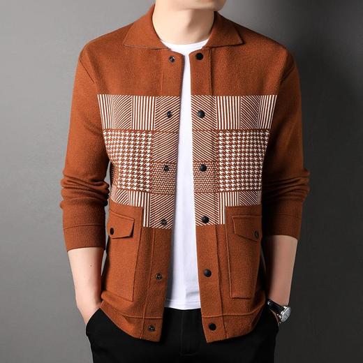 春秋季长袖男士针织开衫中青年潮流休闲男装格子外套 商品图2