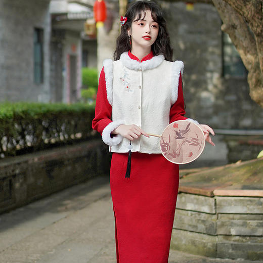 冬季提花加绒旗袍，改良中式复古国风马甲日常休闲旗袍HYM-23533 商品图0