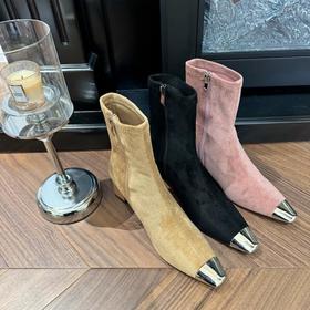 BEQUEENSTORY配饰 复古羊皮拼接尖头亮面粗跟6cm法式靴时尚靴子