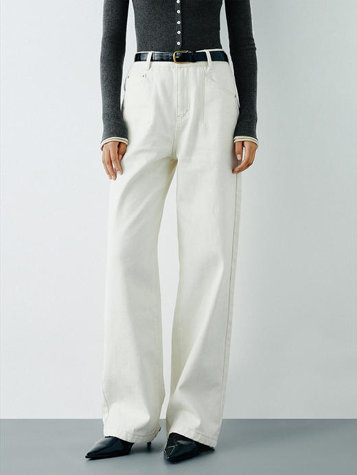 TR她热 神仙裤 白色水洗加绒直筒显瘦设计感基础款中高腰牛仔裤 商品图4