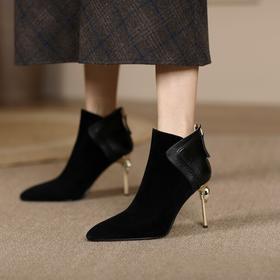 翻皮高跟短靴，尖头细跟法式设计感踝靴CX-C1715