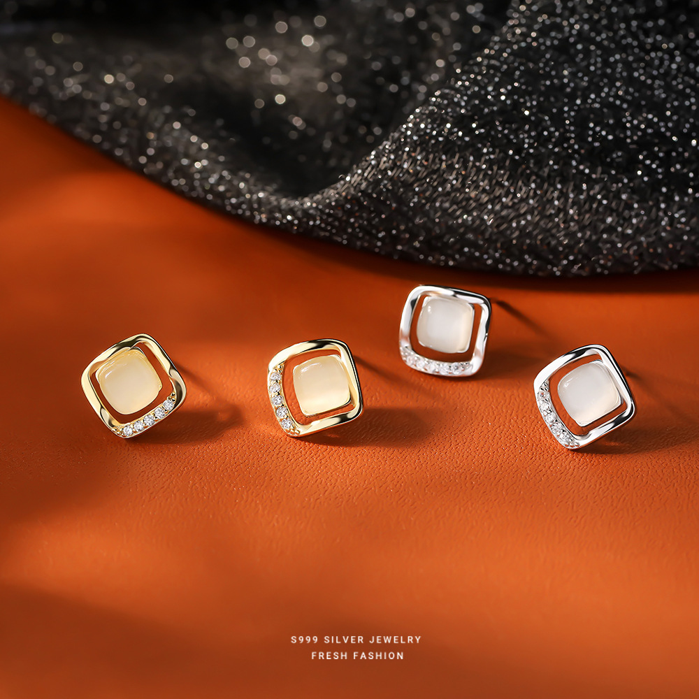 【佳音】S999银足银方形猫眼石镶锆耳饰【YXS-E3131】